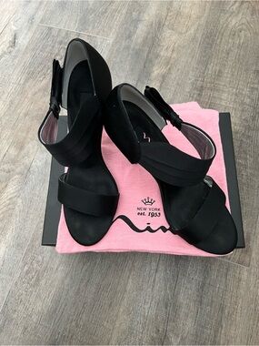 Nina Shoes Black Satin Open-Toe Ankle-Strap Heels withBow Accent Preowned - 8.5M